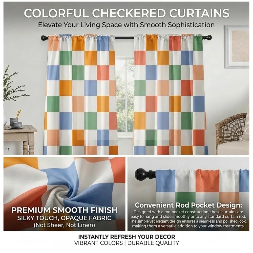Pink White Checkered Curtains 2 Panel Set 52